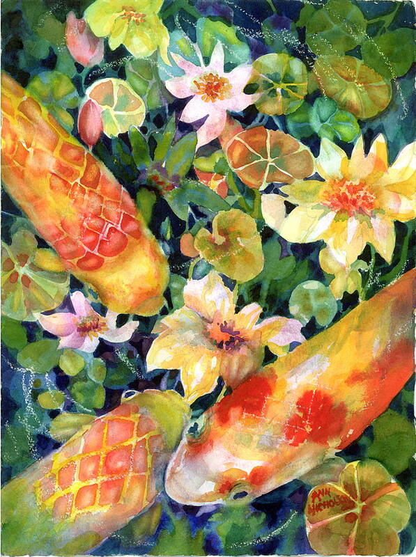 Koi In Pond Poster featuring the painting Looking for lunch II by Ann Nicholson