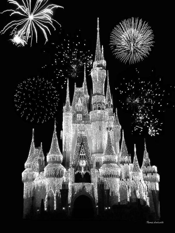 Black And White Poster featuring the photograph Magic Kingdom Castle in Black and White with Fireworks Walt Disney World MP by Thomas Woolworth