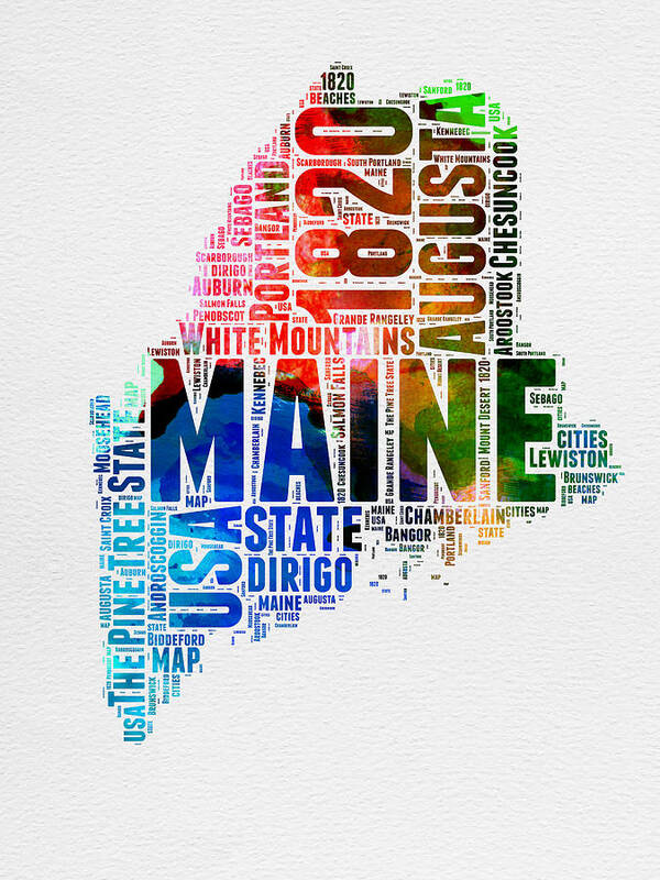 Maine Poster featuring the digital art Maine Watercolor Word Cloud by Naxart Studio