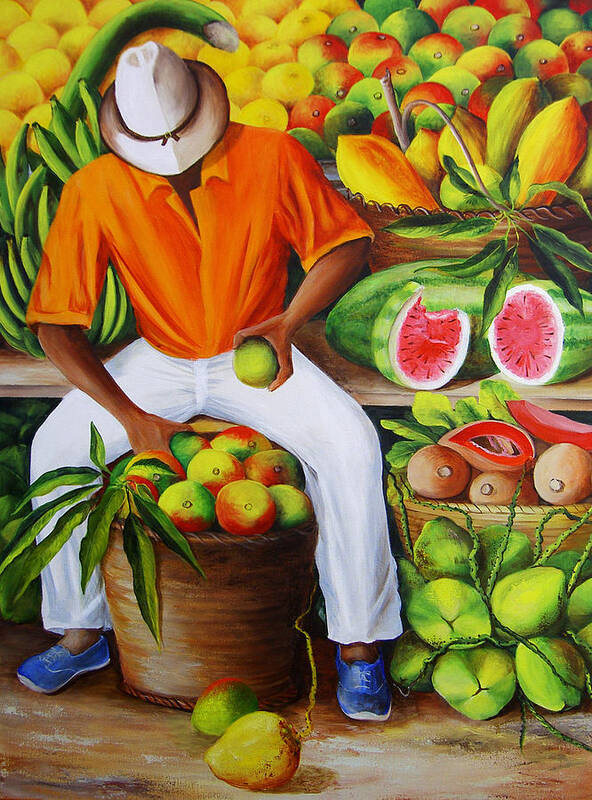 Caribbean Poster featuring the painting Manuel the Caribbean Fruit Vendor by Dominica Alcantara