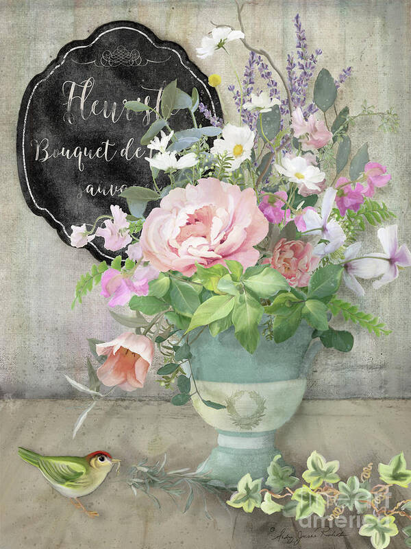 Marche Aux Fleurs Poster featuring the painting Marche aux Fleurs 3 Peony Tulips Sweet Peas Lavender and Bird by Audrey Jeanne Roberts