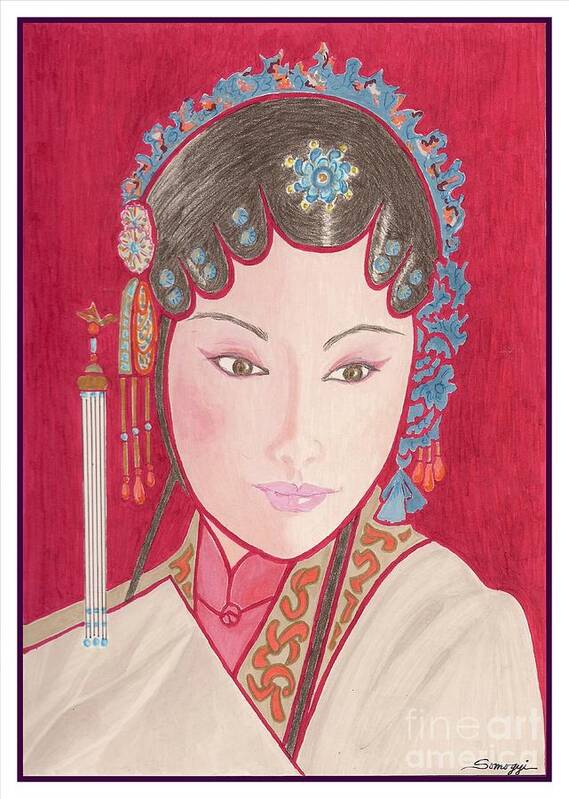 Chinese Poster featuring the drawing Mei Ling -- Portrait of Woman from Chinese Opera by Jayne Somogy