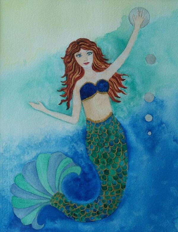 Mermaid Poster featuring the painting Mermaid And Bubbles by Susan Nielsen