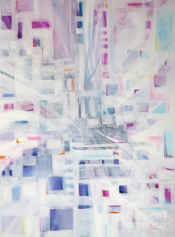 Original Painting On Canvas .mysterious And Compelling City Scape Enveloped By Mist .my Abstract Impression. Many Many Squares And Angles Poster featuring the painting Metropolis by Priscilla Batzell Expressionist Art Studio Gallery