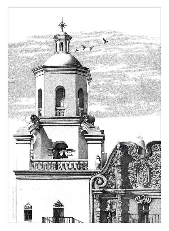 Arizona Poster featuring the drawing Mission San Xavier Drawing by William Beauchamp