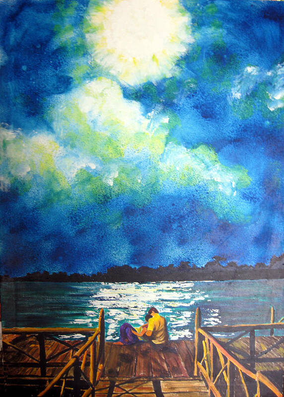 Seascape Poster featuring the painting Moon over Laguna de Perlas by Sarah Hornsby
