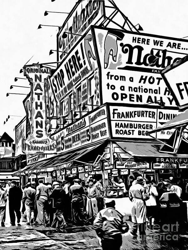 Coney Poster featuring the painting Nathans Famous Frankfurter Stand Coney Island 2 by Edward Fielding