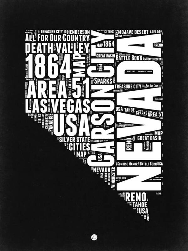 Nevada Poster featuring the digital art Nevada Word Cloud Black and White Map by Naxart Studio