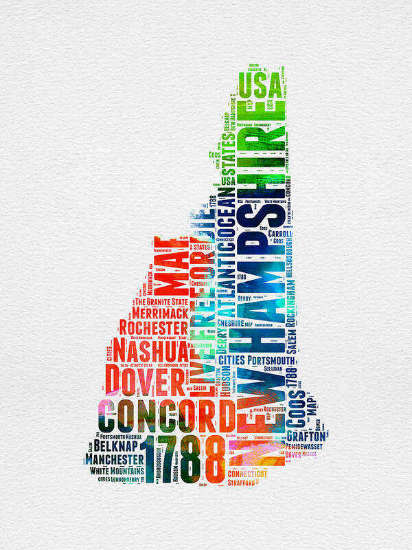  Poster featuring the digital art New Hampshire Watercolor Word Map by Naxart Studio