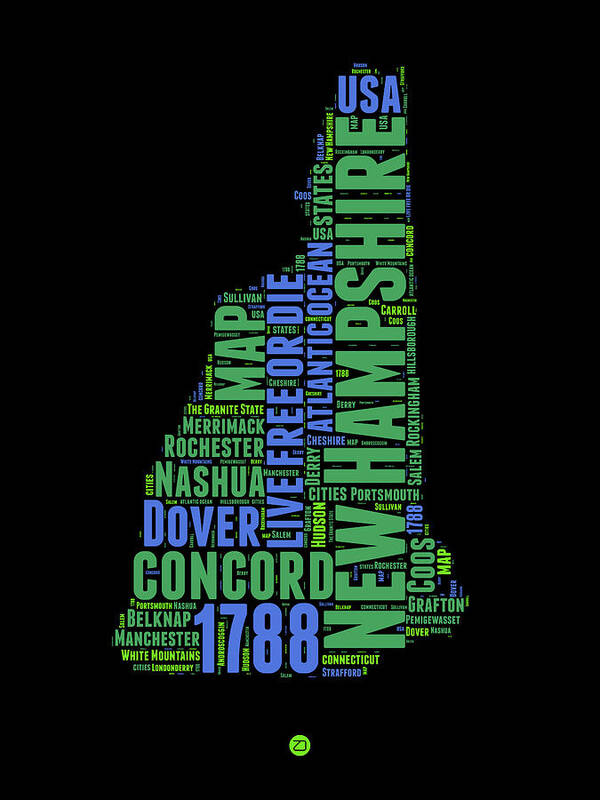 New Hampshire Poster featuring the digital art New Hampshire Word Cloud Map 1 by Naxart Studio