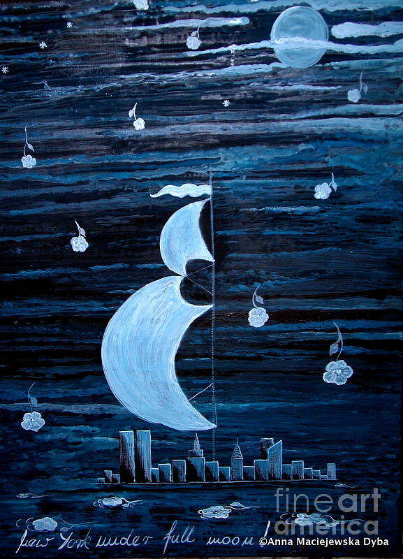 New York City Poster featuring the painting New York City Under Full Moon by Anna Folkartanna Maciejewska-Dyba