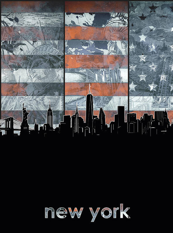 New York Poster featuring the digital art New York Skyline Usa Flag 5 by Bekim M