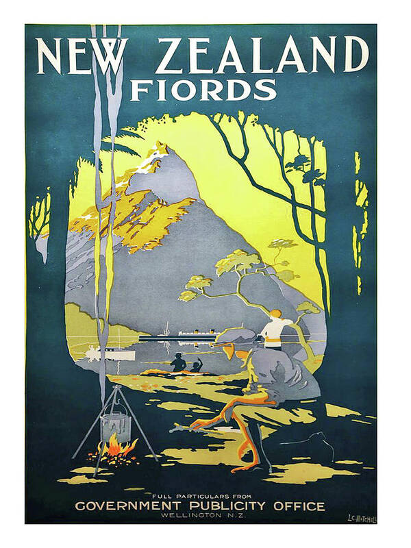 New Zealand Poster featuring the digital art New Zealand, Fiords, vintage travel poster by Long Shot