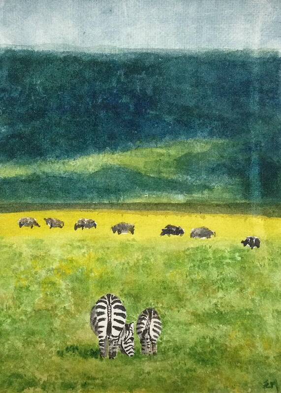 Zebra Poster featuring the painting No hurry by Elizabeth Mundaden