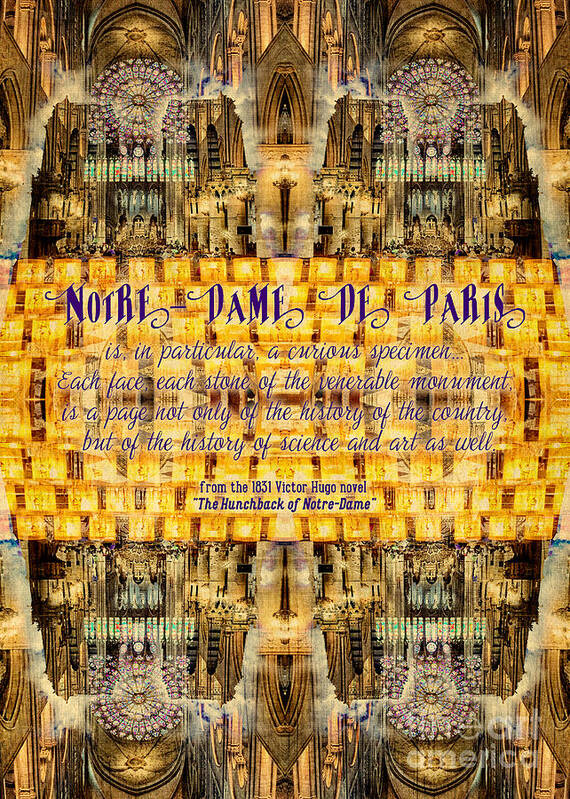 Literary Poster featuring the photograph Notre-Dame Cathedral Rose Stained Glass Candles Novel Quote by Beverly Claire Kaiya