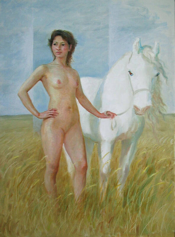 Nude Artwork Poster featuring the painting Nude With White Horse by Ji-qun Chen