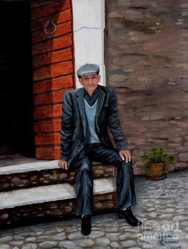 Old Man Poster featuring the painting Old Man Waiting by Judy Kirouac