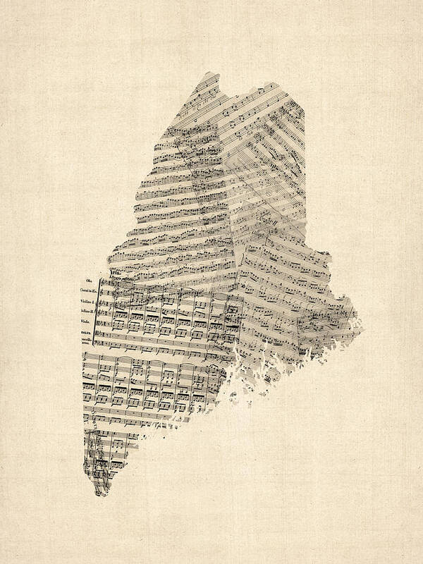 Maine Poster featuring the digital art Old Sheet Music Map of Maine by Michael Tompsett