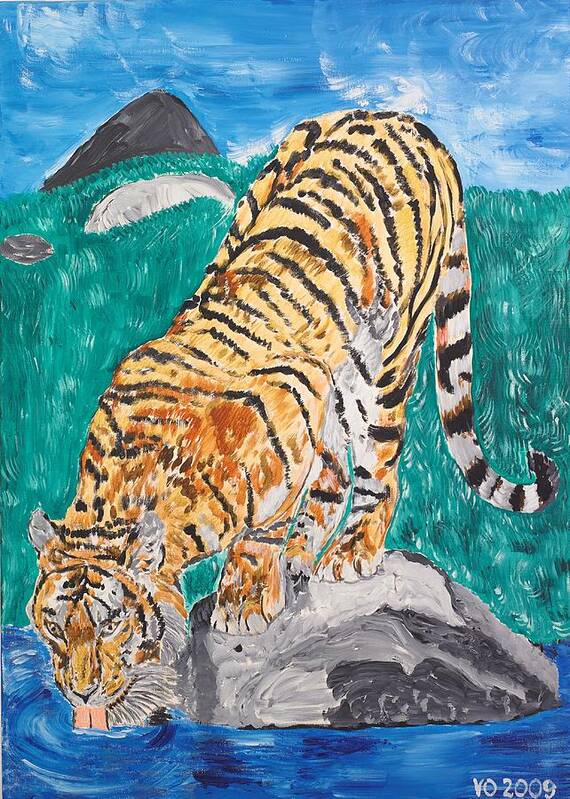 Cat Poster featuring the painting Old Tiger Drinking by Valerie Ornstein