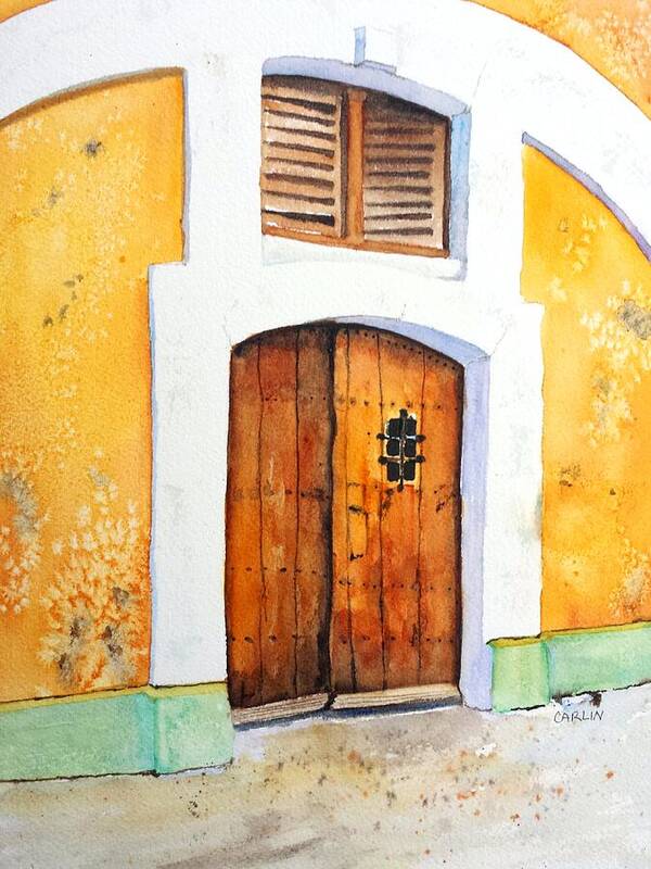 Door Poster featuring the painting Old Wood Door Arch and Shutters by Carlin Blahnik CarlinArtWatercolor