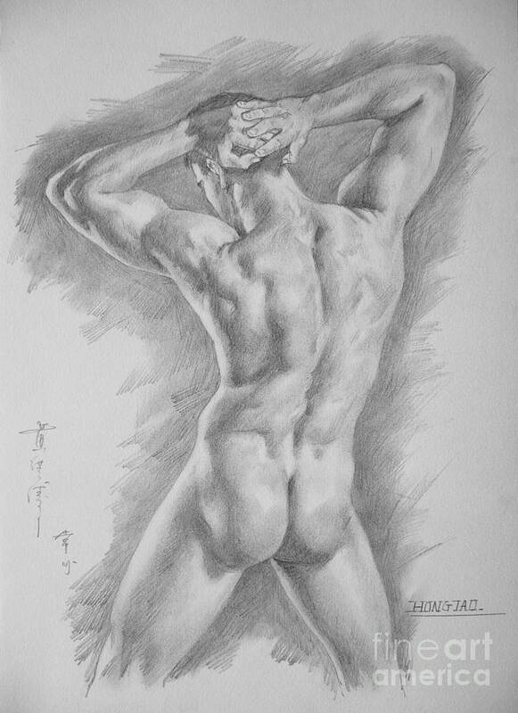 Charcoal Poster featuring the drawing Original Charcoal Drawing Art Male Nude On Paper #16-3-11-25 by Hongtao Huang