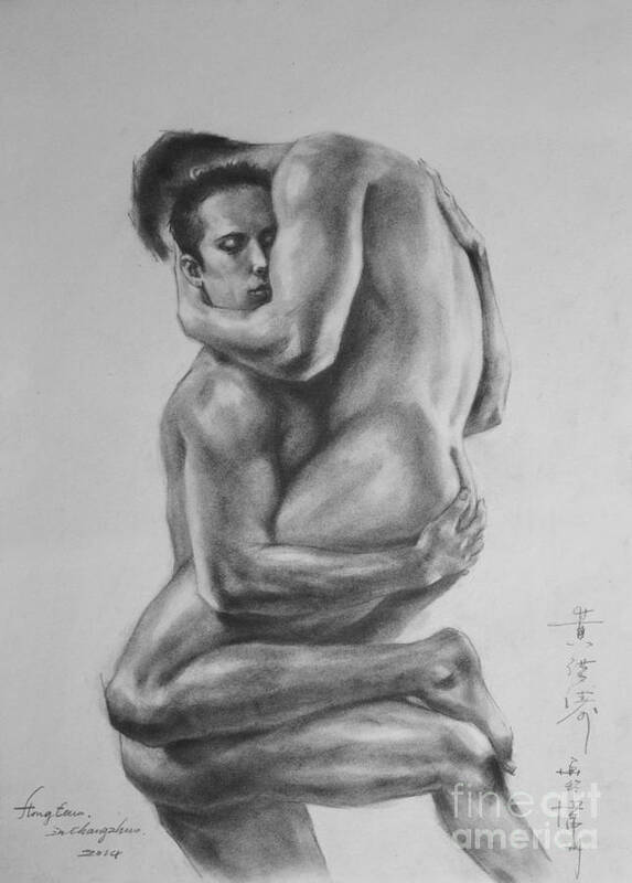 Original Art Poster featuring the painting Original Drawing Sketch Charcoal Male Nude Gay Interest Man Art Pencil On Paper-0051 by Hongtao Huang