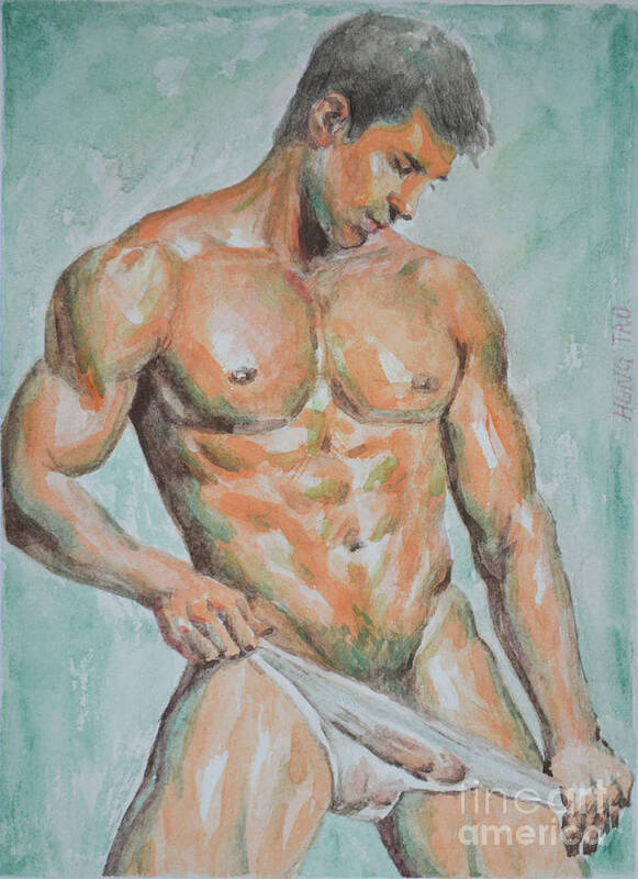 Original Art Poster featuring the painting Original Drawing Watercolor Painting Man Body Art Male Nude On Paper-066 by Hongtao Huang