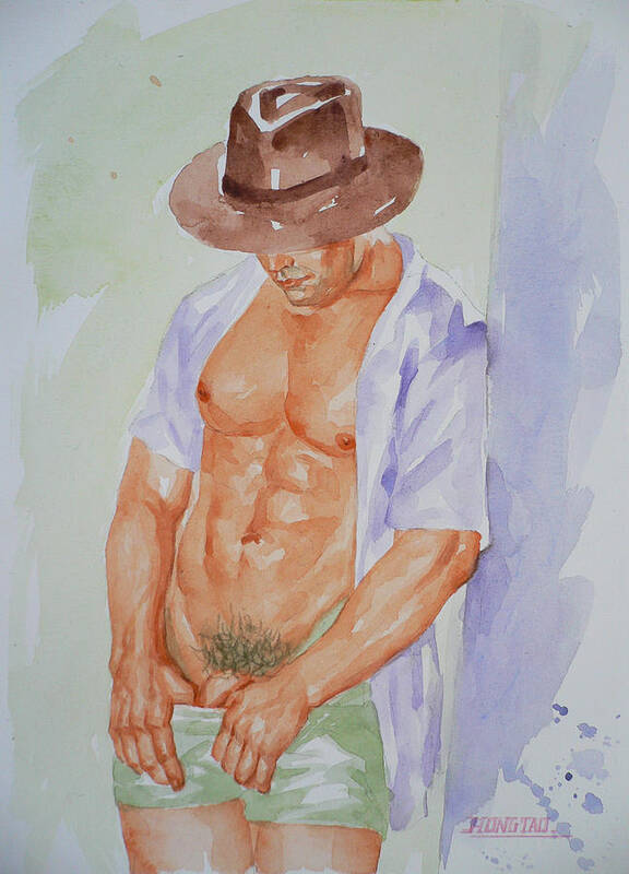 Original Art Poster featuring the painting Original Watercolor Painting Art Male Nude Men Gay Interest On Paper #12-14-02 by Hongtao Huang