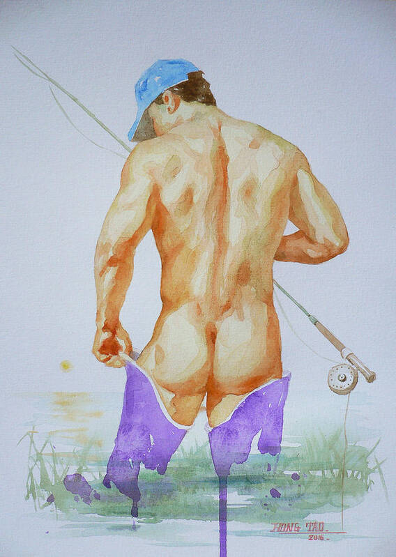 Watercolour Painting Poster featuring the painting Original Watercolour Painting Art Male Nude#20202089 by Hongtao Huang