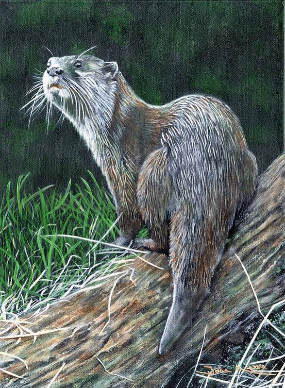 Otter Poster featuring the painting Otter on Branch by John Neeve