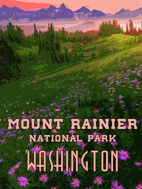 Washington Poster featuring the painting Panorama from the Mount Rainier National Park by AM FineArtPrints