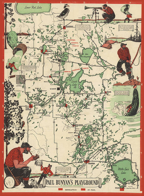 Northern Minnesota Poster featuring the mixed media Paul Bunyan's Playground - Northern Minnesota - Vintage Illustrated Map - Cartography by Studio Grafiikka