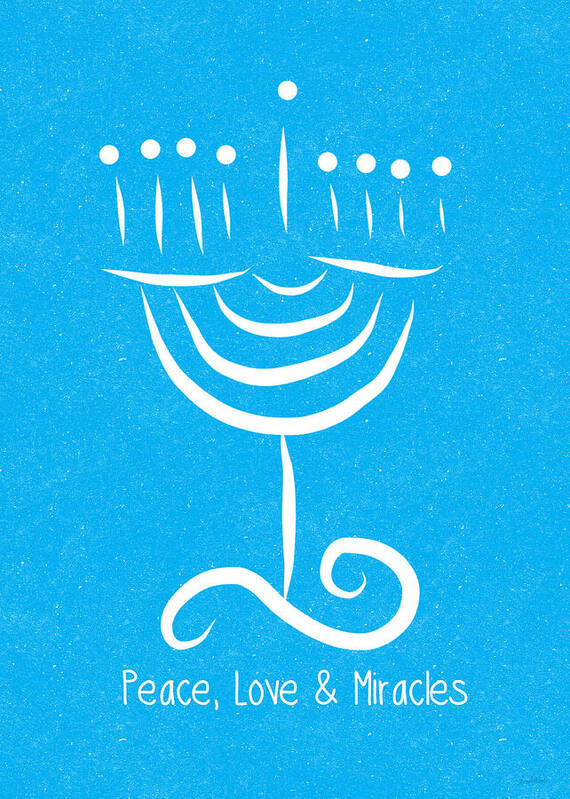 Hanukkah Card Poster featuring the painting Peace Love and Miracles with Menorah by Linda Woods