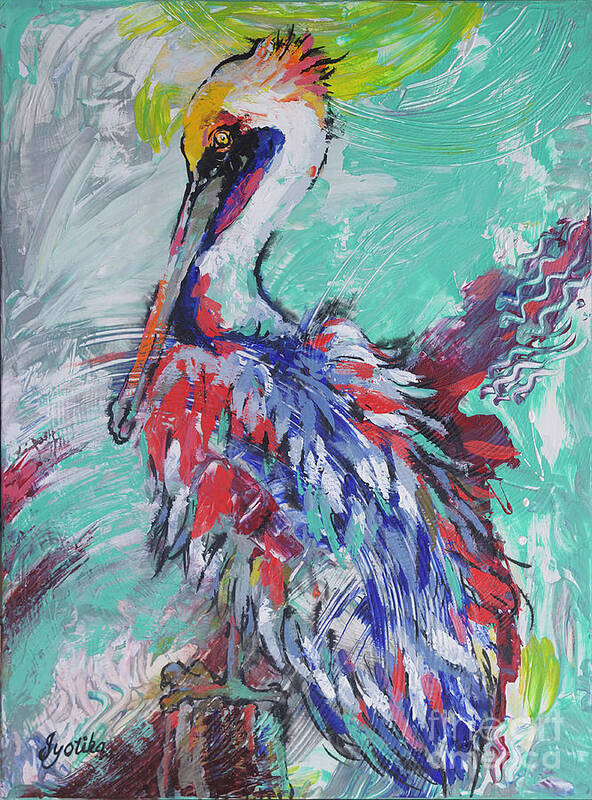 Pelican Poster featuring the painting Pelican Perch by Jyotika Shroff