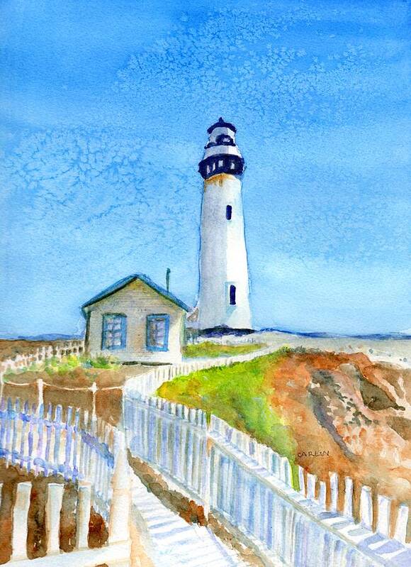 Pigeon Point Lighthouse Poster featuring the painting Pigeon Point Lighthouse California by Carlin Blahnik CarlinArtWatercolor
