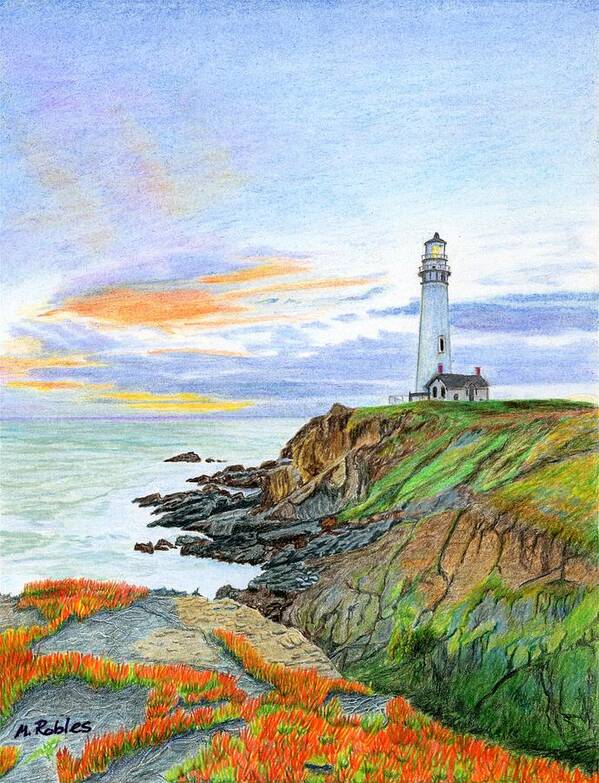 Lighthouse Poster featuring the painting Pigeon Point Sunset by Mike Robles