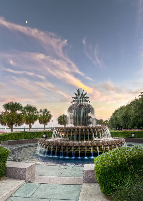 Architectural Poster featuring the photograph Pineapple Fountain Sunset - Charleston SC by DCat Images