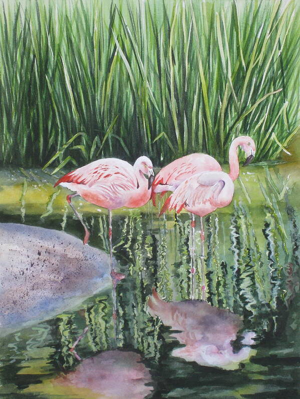 Flamingos Poster featuring the painting Pink Trio by Mary McCullah