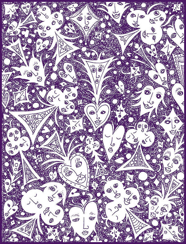 Lise Winne Poster featuring the drawing Playing Card Symbols with Faces in Purple by Lise Winne