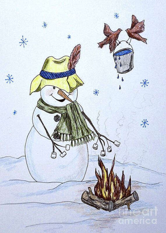Snowman Poster featuring the drawing Playing With Fire by Karen Beasley
