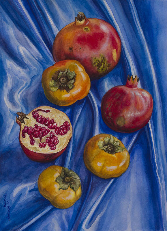 Pomegranate Poster featuring the painting Pomegranates and persimmons on blue silk by Yuliya Glavnaya