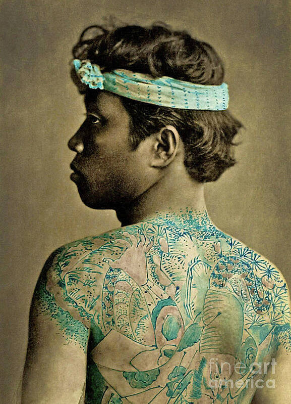 Tattooing Poster featuring the photograph Portrait of a Man with traditional Japanese Irezumi tattoos by Japanese School