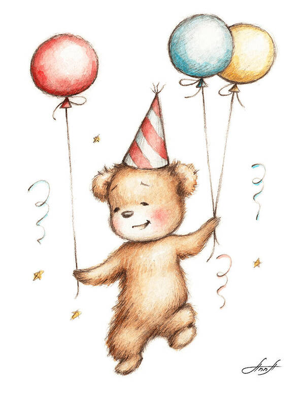Bear Poster featuring the painting Print of Teddy Bear with Balloons by Anna Abramskaya
