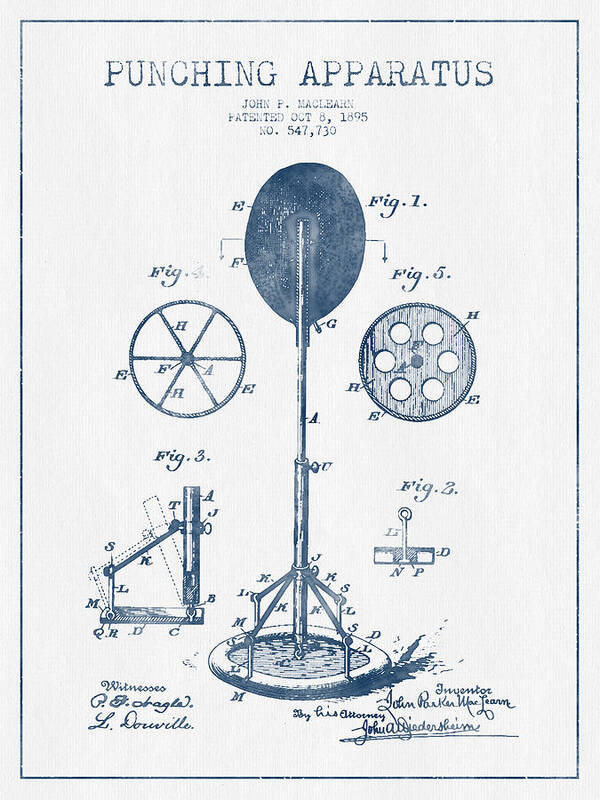 Boxing Poster featuring the digital art Punching Apparatus Patent Drawing from 1895 - Blue Ink by Aged Pixel