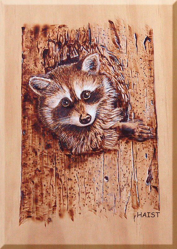 Raccoon Poster featuring the pyrography Raccoon by Ron Haist