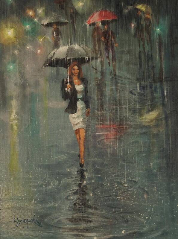 Woman With Umbrella Poster featuring the painting Rain in the City by Tom Shropshire
