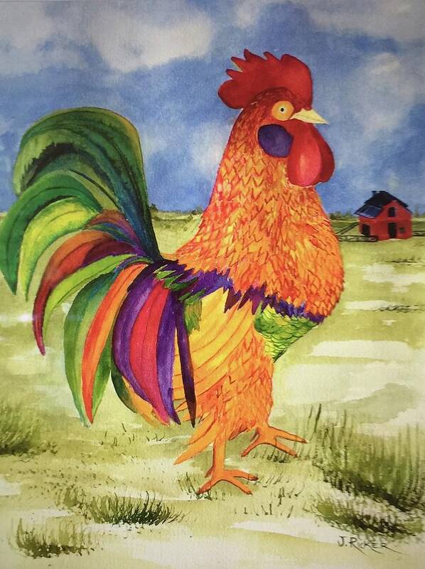 Rooster. Chicken Poster featuring the painting Rainbow Rooster by Jane Ricker