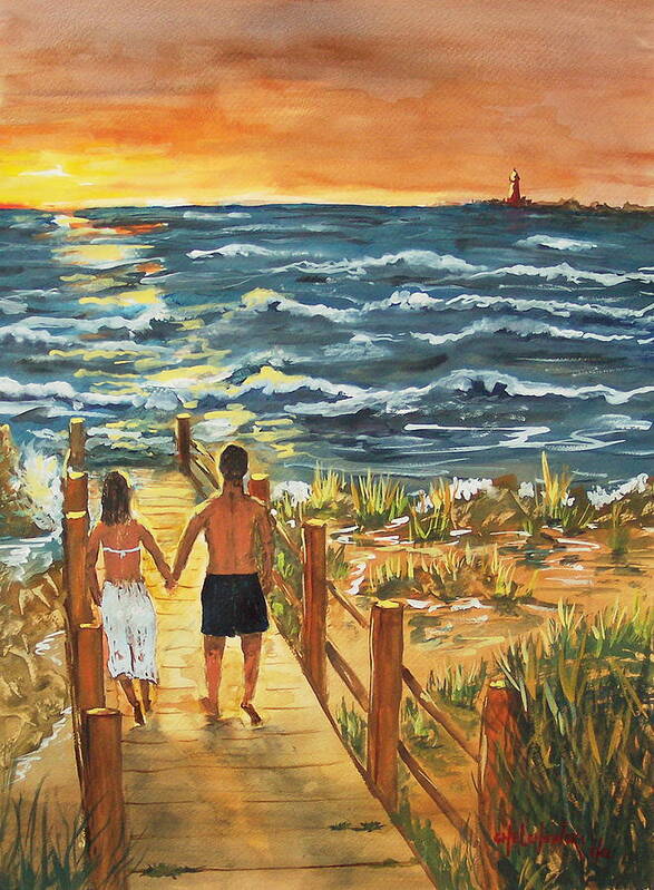 Romantic Evening Two People Lovers Walking Sunset Boardwalk Ocean Poster featuring the painting Romantic Evening by Miroslaw Chelchowski