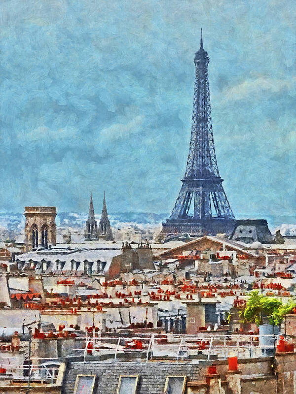 Eiffel Tower Poster featuring the digital art Rooftops in Paris and the Eiffel Tower by Digital Photographic Arts