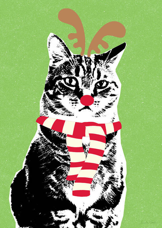 Reindeer Cat Poster featuring the mixed media Rudolph The Red Nosed Cat- Art by Linda Woods by Linda Woods